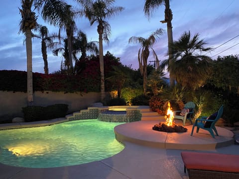 Backyard pool, spa, and firepit