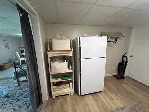 Basement refrigerator and supplies for picnic table and bonfire forks