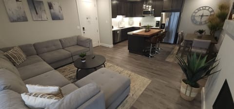 The living area opens seamlessly to the luxury kitchen.