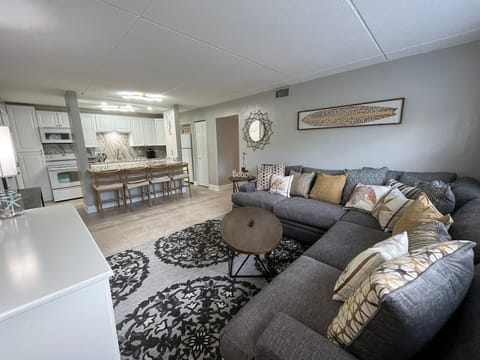 Comfortable couch, open concept kitchen