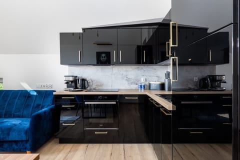 Modern kitchen with sleek black cabinets, built-in appliances, and a contemporary design.

