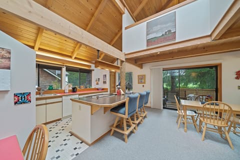 Open living space with fully equipped kitchen with breakfast bar, dining table, Pellet stove.