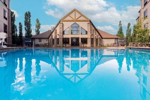 Dive into a serene pool with stunning lodge views.