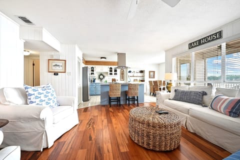 Living space into the kitchen area.