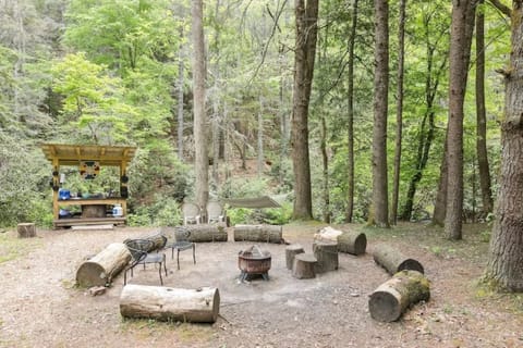 Rustic fire pit with glowing flames sets the scene. 🛋️