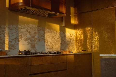 integrated range cooker by Novy. Bauhaus inspired copper hood. 