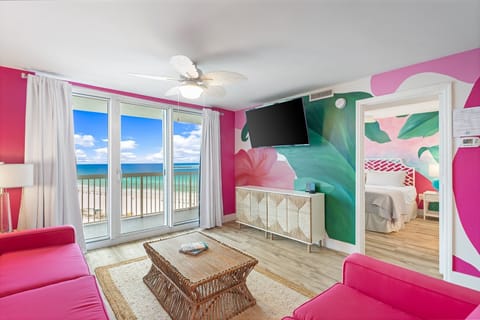 Living room offers a large flat screen TV w/cable along with that fabulous view. Master bedroom just off living room.
