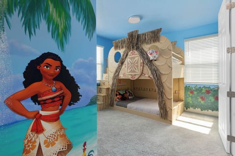 custom built, one-of-a-kind Moana Tiki Room. Twin over twin bunk beds.