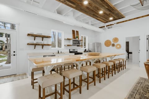 Kitchen area with large island.