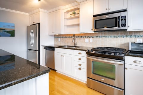 Gas oven range, microwave oven, dishwasher and large refrigerator