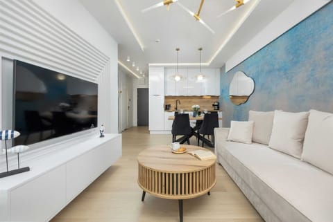 Another perspective of the living room, highlighting the sleek TV unit, artistic wall decor, and comfortable seating arrangement.