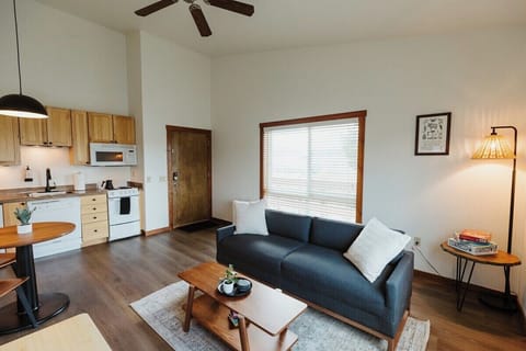 [Living area] Our comfortable couch converts into a queen bed to accommodate up to two extra people. 