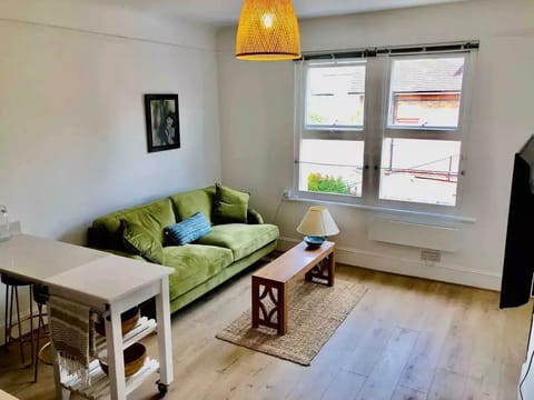 front open plan room, velvet sofa 