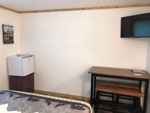 Dorm size refrigerator, table area and TV.