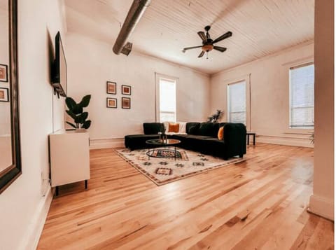 Oversized living room with high ceilings.  The couch sleeps two comfortably. 