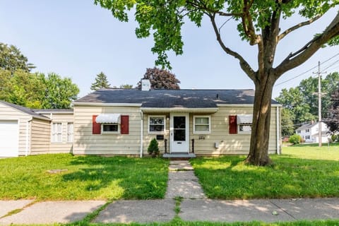 Our Cuyahoga Falls home is a slab house with attached patio and walkway to the garage.