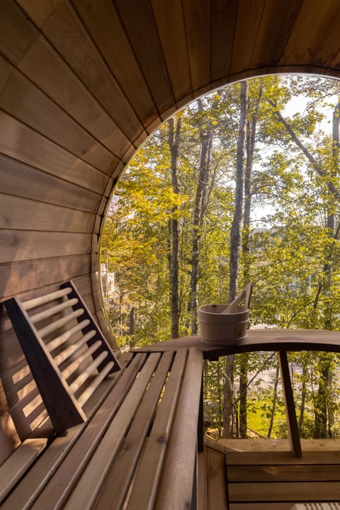 Inside view of panoramic glass dome sauna with mountain views.