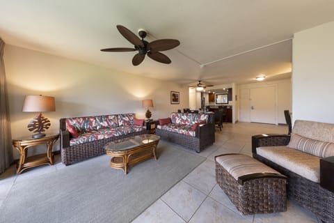 Living area. Exact unit will be assigned upon arrival. Views, colors, and decor may vary.