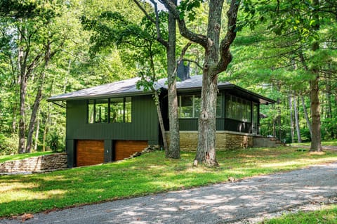 Green vertical siding and stone foundation surround large windows on the wooded hillside exterior.