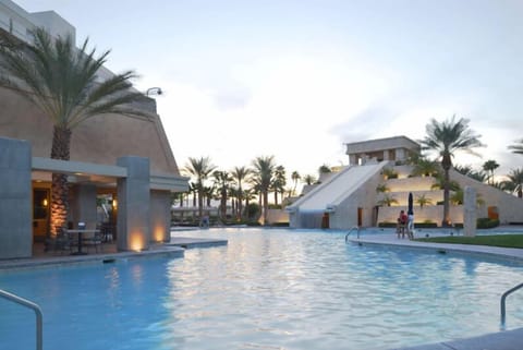 Relax after dark with softly lit waters and calm surroundings.