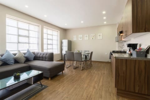 Living room, kitchen and dining room