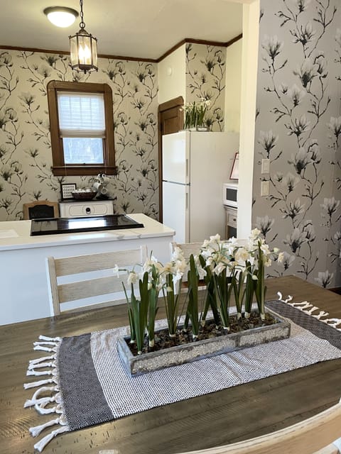View from dining room into kitchen 