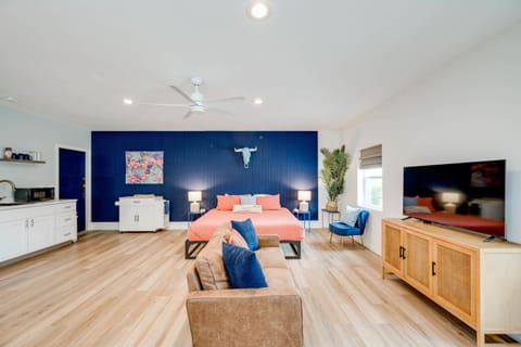 Efficiency apartment king memory foam bed, smart Roku TV, and kitchenette stocked with all the basics to cook basic meals!