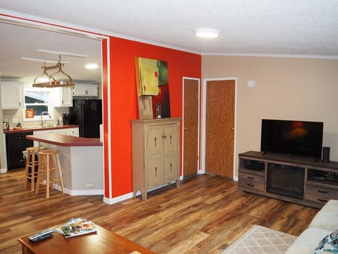 This photo shows the living room along with the door to the master bedroom (the door on the right), a closet door (the door on the left), and the entrance to the kitchen.