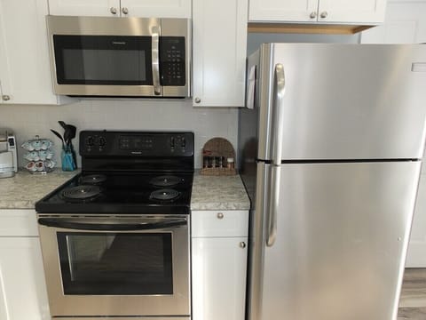 Kitchen:  A close-up of all of the appliances, including the stainless steel refrigerator.