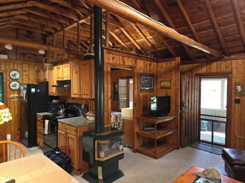 LIVING ROOM:  The cabin has a very comfy and cozy living room with a sofa, comfy chair, gas fireplace, coffee table, and live streaming television with Roku