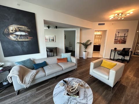 Spacious, high ceiling and bright living room.