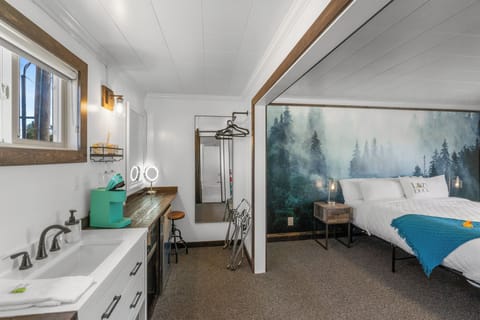 Main room with king size bed, sink, Keurig coffee machine and microwave, mini fridge, full length mirror