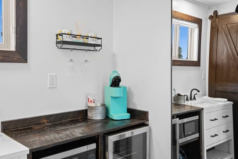 Keurig coffee machine, mini fridge, microwave and full-length mirror