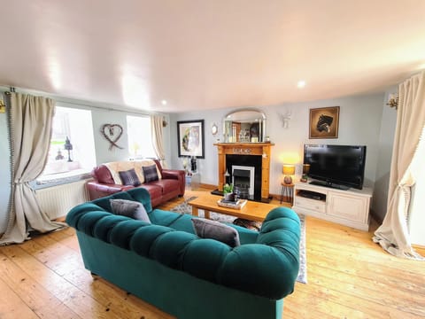 Living room with fireplace, coffee table and TV.