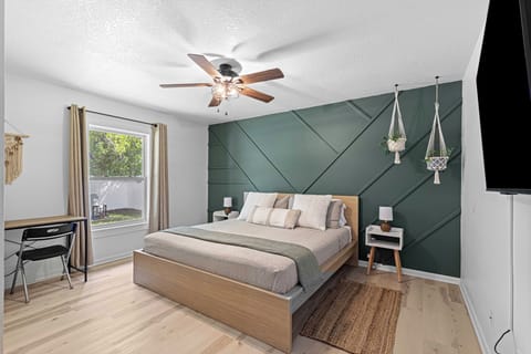 King size memory foam bed. Blackout curtains. pack n'play in closet.