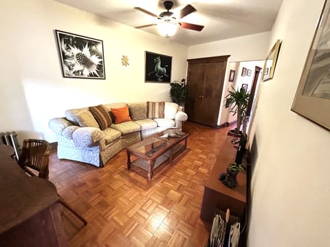 The spacious living area has a large, comfortable couch. 