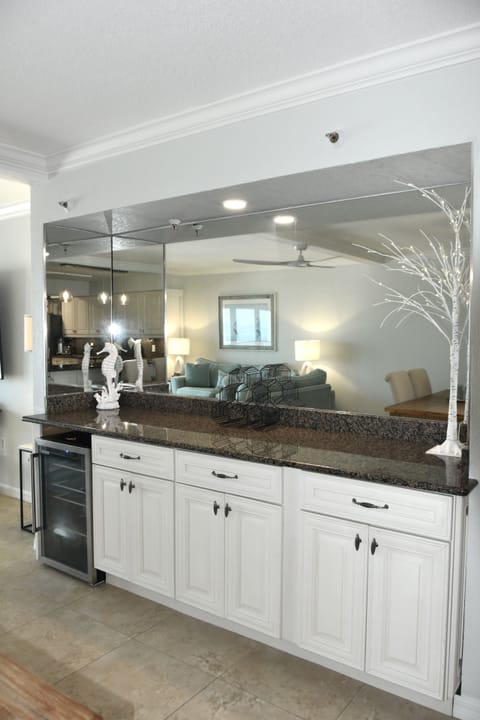 Bar, mini fridge and abundant storage