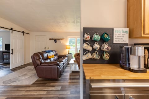 Kitchen and dining area are off the living room.