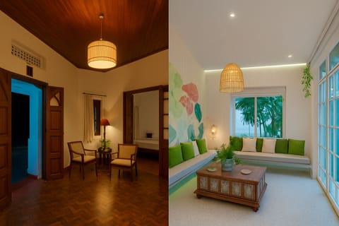 Upstairs and downstairs living spaces