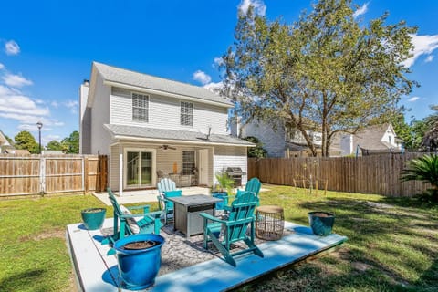 Large fire table in the backyard