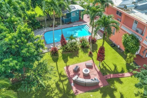 Aerial view of the outdoor space by the pool
