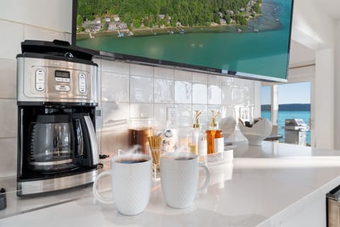 Plenty of space for the coffee bar and beverage refrigerator, not to mention the TV so you can stay up on the latest baseball or football game!