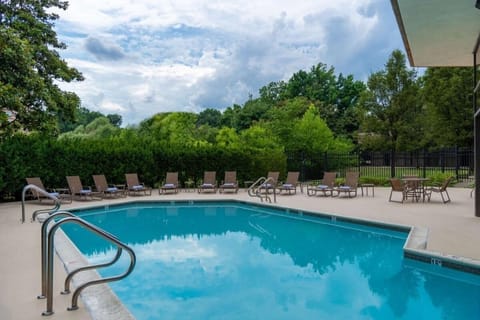 Lounge poolside under open skies and leafy surroundings.