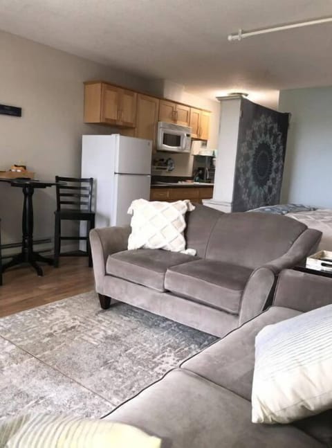 View of the kitchen, no oven, there is a toaster, air fryer, and toaster oven