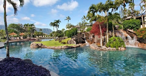 Lagoon style pool with waterfalls and hot tub