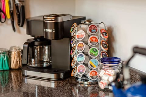 Cuppa joe? K-cup pods or standard drip coffee. I`ll leave you some pods, sugar, stevia, and creamer to get started.