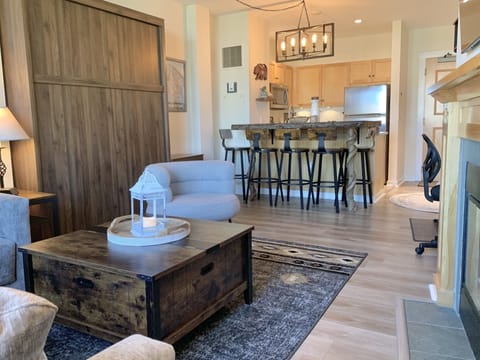 Living room with Queen Murphy bed stowed away