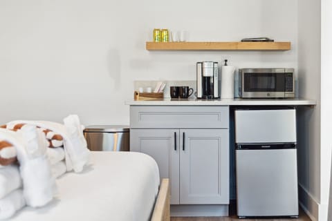 Microwave, Mini-fridge, and Coffee station