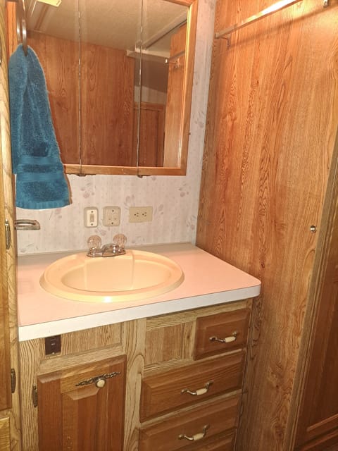 vanity area With hand soaps n towels