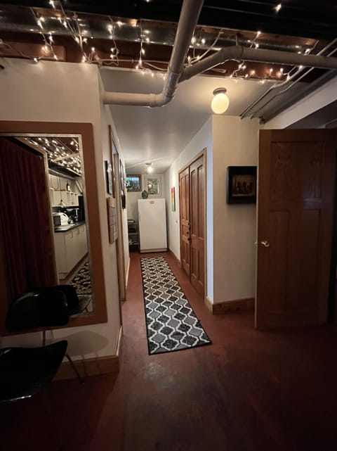 Hallway to the bathroom on the left and secret door to bedroom at end of hall. 